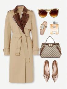SHEIN Clasi Abrigo de gabardina para mujer con cintura entallada y cuello de cuadros, minimalista - Caqui - Ver 3