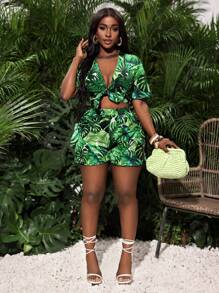 Slaydiva 2 件套度假性感绿色花卉印花系带镂空短裤套装（女式） - 綠色 - 查看 4