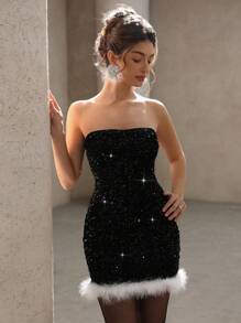 Aveloria Rosie 派对闪亮性感拼布荷叶边领腰部束腰连衣裙，优雅适合情人节、春季/新年派对 - 黑與白 - 查看 1