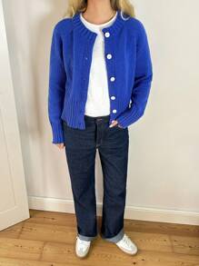 Forever 21 Autumn/Winter New Round Neck Blue Long Sleeve Knitted Warm Cardigan, Suitable For Christmas And Back To School