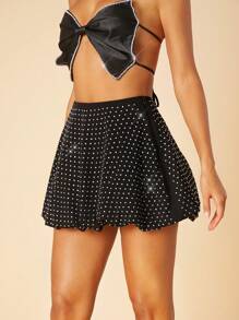 Hauture Rhinestone Embellished Bubble Hem Mini Skirt - Black - View 3