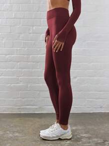 Musera Sport Ribbed High Waist Contour Active-Wear Leggings, Padel, Tennis, Pickleball Gym Fitness - Burgundy - View 3