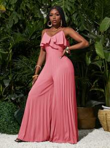 Slaydiva 女士度假夏季音乐节宽松绿色荷叶边领褶皱阔腿吊带连体裤 - 粉色 - 查看 5