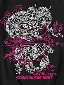 INAWLY Plus Size Women's Summer Casual T-Shirt With Slogan & Dragon Print, Round Neck And Dolman Sleeves ACCOMPLISH YOUR FUTURE Graphic Tees Women Tops