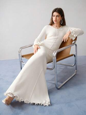 MOTF STUDIO RIBBED KNIT FLARE SLEEVE LETTUCE TRIM DRESS, OPEN WORK MAXI DRESS, LONG SLEEVES, LIGHT WEIGHT