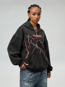 SHEIN EZwear 女士时尚垃圾水洗闪电印花连帽运动衫 - 深灰色 - 查看 3