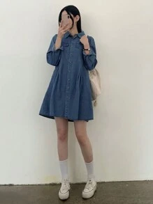 DAZY Women Plain Collar Loose Short Denim Dress, Spring & Autumn,Fall Women Clothes - Medium Wash - View 7