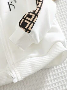 Conjunto de 2 peças/conjunto para bebês meninos, casual, esportivo, confortável, com estampa de letras, decoração, gola alta solta, zíper, top e calças, adequado para viagens, escola, ocasiões casuais, temporada de outono/inverno, roupas de volta às aulas, forro térmico, engrossado