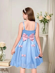 SHEIN 1pc Tween Girl 3D Bow Princess Puffy Tulle Dress, Spring/Summer - Blue - View 2