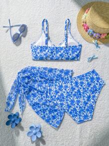 SHEIN 3pcs Tween Girl Swimwear Set, Printed Bikini Top And High Waist Bottoms With Skirt