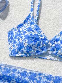 SHEIN 3pcs Tween Girl Swimwear Set, Printed Bikini Top And High Waist Bottoms With Skirt