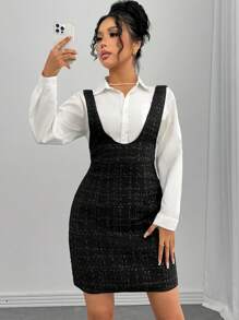 Chiquease Plaid Shiny Tweed Pinafore Dress, Elegant Academic Style Dress, Autumn/Winter - Black - View 3