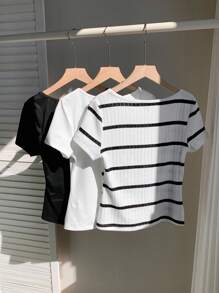 Comfortcana 3 件套大码黑白条纹纯色休闲 T 恤 - 彩色 - 查看 2