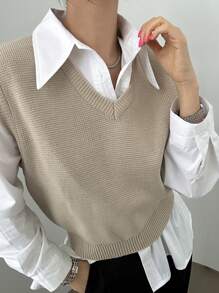 DAZY 女士 V 领修身纯色毛衣背心，春秋 - 駝色 - 查看 1