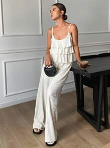Livesso 纯色纹理荷叶边下摆吊带背心和阔腿裤波西米亚风夏季假日女式两件套 - 白色 - 查看 6