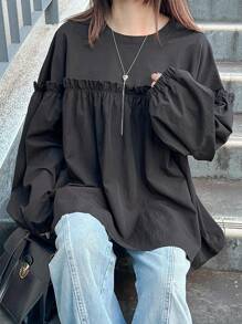 FRIFUL Women's Solid Color Round Neck Long Sleeve Frill Hem Loose T-Shirt, Autumn,Fall Women Clothes - Black - View 4