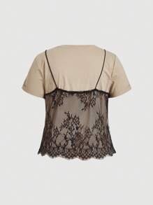 SHEIN MOD Camiseta corta de cuello redondo blanca con parches de encaje, talla grande, para el verano