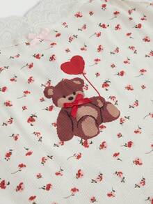ROMWE Kawaii Valentine's Day Cute Bear Print Spaghetti Strap Ditsy Floral Tank Top - Apricot - View 2