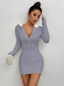 SHEIN Unity 女式拼接毛绒连帽长袖性感时尚毛衣连衣裙，秋冬 - 藍色 - 查看 5