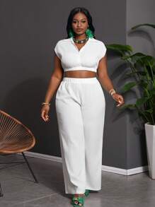 Slaydiva 全新百搭性感简约休闲白色盖袖衬衫和宽松阔腿裤两件套，女式加大码，西装