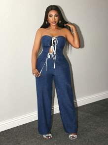 BamGleam Women's Tie Front Split Hem Bandeau Top And Pants Sexy 2 Pieces Set - Blue - View 4