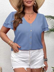 SHEIN VCAY Áo cánh tay ngắn cổ chữ V viền bèo nhún cỡ lớn - Màu xanh bạc hà - Xem 3