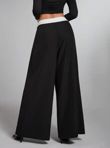 SHEIN BAE 女士撞色腰褶宽松阔腿休闲裤 - 黑色 - 查看 2