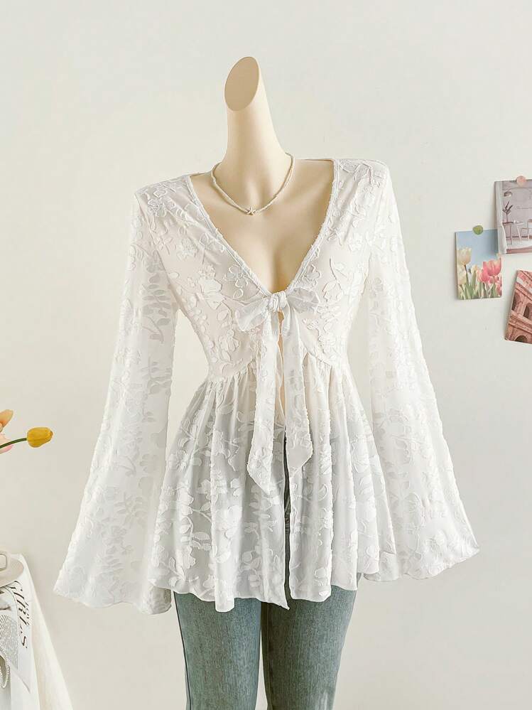 Soleia Women Solid Color Front Tie Long Sleeve Blouse, Casual & Everyday Wear - White - View 4