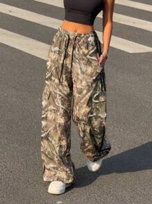 Muchica 女式新款秋叶印花撞色腰带阔腿裤