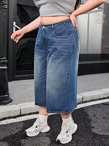 SHEIN EZwear Plus Size Casual Washed Wide Leg 7/10 Length Jeans - Dark Wash - View 3