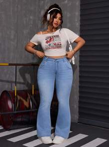 SHEIN ICON Jeans acampanados elásticos de talla grande lavados