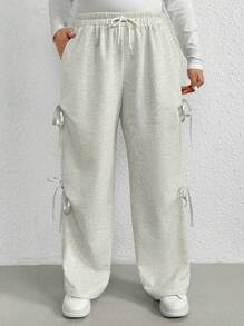 SHEIN Frenchy Pantalón de chándal gris cómodo y holgado con diseño de lazo para tallas grandes