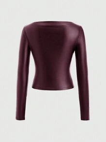 SHEIN Unity Camiseta de manga larga con hombros descubiertos, ajustada y con fruncidos, de piel sintética (PU) para mujeres - Rojo violeta - Ver 2