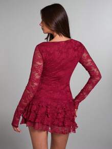 SHEIN BAE Women's Burgundy Solid Color Elegant Floral Lace Long Sleeve Layered Ruffle Hem Mini Dress, Suitable For Date Night, Night Club, Birthday Party, Valentine's Day, Cocktail Party,Valentine's Day,Valentine Outfits For Women - Burgundy - View 2