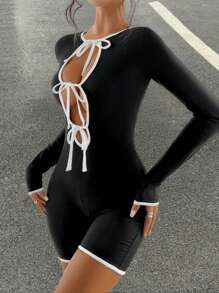 Chiquease Sexy Long Sleeve Lace-Up Colorblock Skinny Jumpsuit For Women