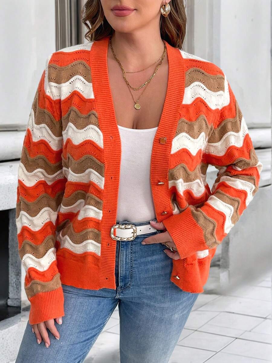 Calvaya Plus Size Front Button Down Long Sleeve Wavy Striped Casual Blouse - Burnt Orange - View 1