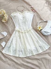 Soleia Romantic Vacation Contrast Lace Ruffle Trim Strapless Dress - Apricot - View 1