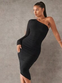 RueChic One Shoulder Ruched Mesh Bodycon Dress