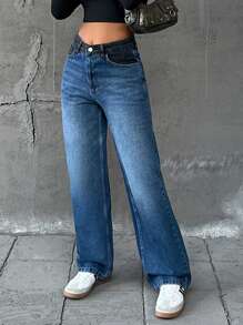 EURMUSE WOMEN STRAIGHT HIGH WAIST JEANS CONTRAST - Medium Wash - View 3