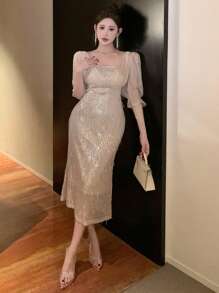 DAZY V-Neck Sequin Patchwork Mid-Length Women's Dress,Pink Autumn Elegant Birthday Party Prom Homecoming Luxury New Year Eve Carnival Sparkly Maxi Dress - Apricot - View 8