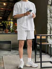 DAZY 2pcs/Set Men Letter Print T-Shirt And Shorts Set - Grey - View 4