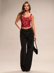 SHEIN BAE 夏季修身弹力蕾丝蝴蝶结吊带背心，夏季，沙滩女装，婚礼宾客夏季装，返校节装 - 紅色 - 查看 4