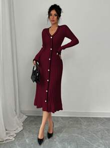 Selianne Women's V-Neck Long Sleeve Single-Breasted Fitted Elegant Sweater Dress, Autumn/Winter Fall Cloth For Women - Burgundy - View 5