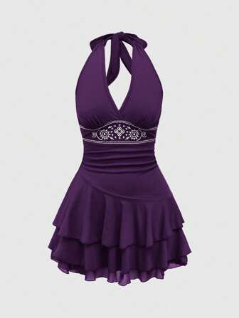 Hippie Abito da donna a mini gonna con balze, colletto a canotta, motivo totem hippie ricamato