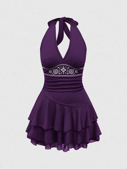 Hippie Women's Hippie Sun Totem Embroidered Layered Hem Mini Halter Dress