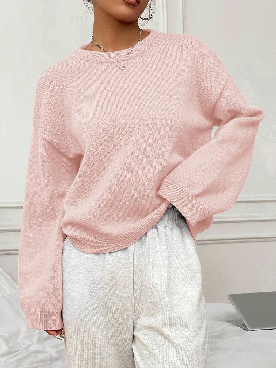 Flirla Women's Plain Crew Neck Long Sleeve Casual Pullover Sweater Knit Pullover Fall Winter Sweater - Baby Pink - View 1