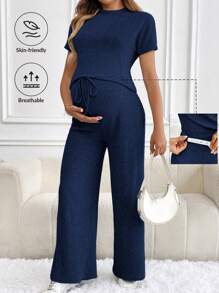SHEIN Pregnant Women Plain Round Neck Short Sleeve Casual Top And Pants Set - Navy Blue - View 1