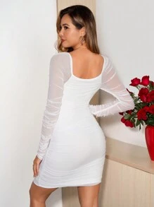 Ellevyn Women White Long Sleeve Crew Neck Bodycon Mini Dress, Elegant & Fitted With Mesh, Autumn/Winter Valentine's Day Spring Clothes