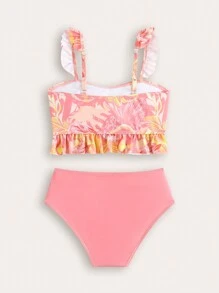 SHEIN Tween Girls Bikini Sets Two Pieces Girls' Swimsuit With A Pink Flamingo Print Top With Spaghetti Straps And A Scalloped Hem; The Bottom Is A Solid Pink Swim, Suitable For Beach Vacations, Swimming By The Sea, And Summer. - Multicolor - View 2