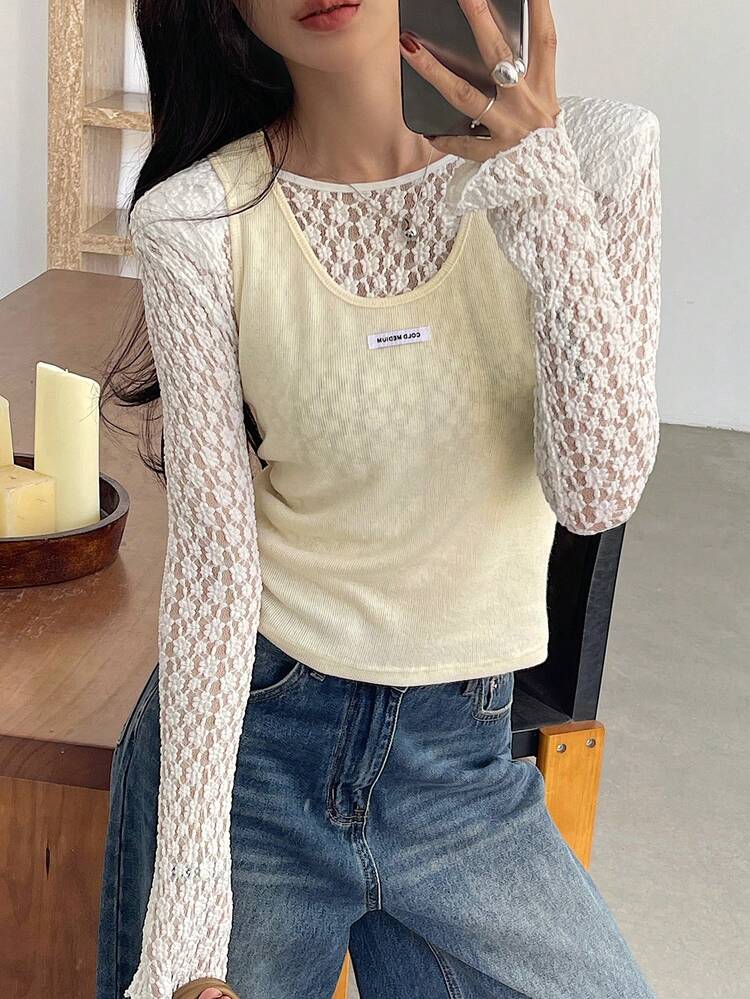 Letter Jacquard Integrated Crew Neck Casual Top, Women Spring/Summer Tank Top